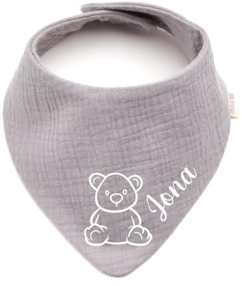 Personalisiertes Dreieckshalstuch aus Baumwolle/Musselin | Teddybär mit Namen | Halstuch für Jungen, Mädchen | Viele Farben (Grau)