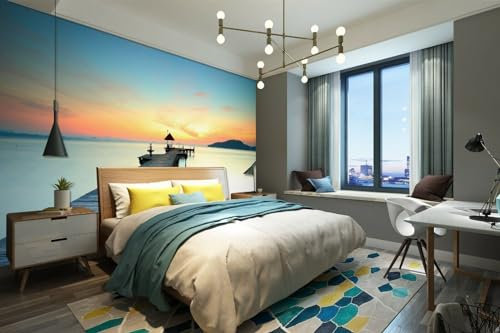 Papier Peint panoramique Coucher de soleil sur la mer 3D, 396 x 280 cm. Moderne Décoration Murale Salon Chambre Á Coucherr Bureau Salle