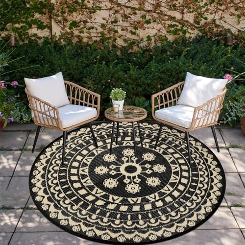 Capslpad 150cm Round Outdoor Patio Rug Waterproof Reversible Mat Portable Plastic Straw Rug Boho Circle Indoor Outside Area Rug for RV Camping Picnic Pool Tent Balcony Beach Deck Doormats Decor