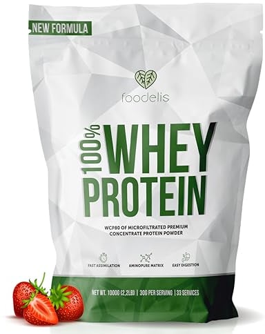 Foodelis Whey Protein 1 kg Fresa | 33 Dosis de Proteína en Polvo con Aminoácidos Esenciales | Para Masa Muscular y Recuperación Rápida | Alta Solubilidad y Fácil Digestión