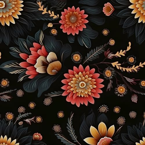 Fvlow Orange Red Floral Peel and Stick Wallpaper Vintage Black Wallpaper Vinyl Wrap Kitchen Worktop Covering Vinyl Self Adhesive Thick Boho Contact Paper for Cabinets Drawers Stickers 44.5cmx300cm