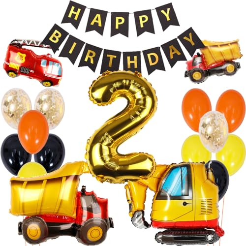 ZWWsullo geburtstagsdeko 2 jahre jungen Bagger Geburtstag Deko Kindergeburtstag Deko jungen 2 Jahr bauarbeiter geburtstag Bagger Deko Kindergeburtstag 2 Baustellen Geburtstagdeko Junge Ballon Auto