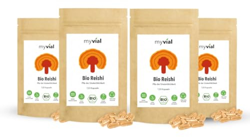 myvial® Bio Reishi Kapseln 120 Stück vegan 60 Tage Vorrat 400mg pro Kapsel - Natürlicher Reishi Pilz 100% pflanzlich plastikfrei verpackt - Ganoderma Lucidum Glänzender Lackporling