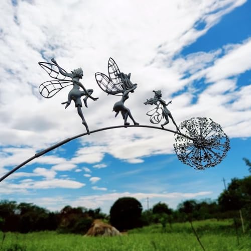 Sysow Fate Dandelions Garden Art Sculpture Dance Insieme Decorazioni da Giardino Acciaio Inossidabile Giardino Fiao Ornamenti Fairy Sculture da Giardino Decorazioni Domestici per Giardino Prato