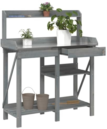 Rantry Holz Topfpflanztisch mit Schublade, Grau, 110x45x125 cm - Für Innen & Garten Model368433