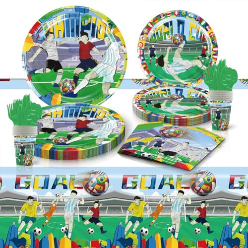 81 PCS Football Party Tableware, Soccer Sport Themed Birthday Party Cutlery Decorations, Football Paper Cups, Plates, Napkins, Soccer Tablecloth for Kids Boys Celebrate Victory Party Accessories