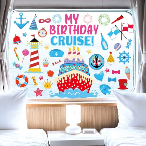 Whaline ​Birthday Cruise Window Clings ​Summer Carnival Cruise Ship Window Decals Reusable for Cabin Door Decor Anniversary ​Birthday Party Supplies