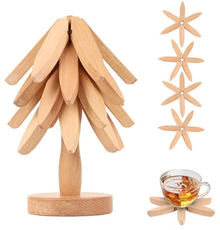 Dessous De Plat Bois Arbre, Dessous De Plat Pliable Dessous De Verre Bois Dessous De Table Design Arbre Design Tapis De Casserole Chaud pour ThéIèRe, PoêLe, Bol, 4 Tapis RéSistant + 1 Support