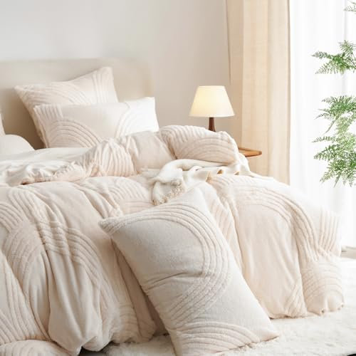 Tospass Peluche Housse de Couette 220x240 Tuftée Beige Shaggy Furry Hiver Parure de lit Flanelle Fuzzy Chaude Linge de Lit 2 Personnes Adulte avec Fermeture Éclair et 2 Taie d'oreiller 65x65cm