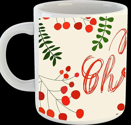 Taza de Feliz Navidad, diseño de bayas rojas, 300 ml, apta para lavavajillas y microondas (cerámica)