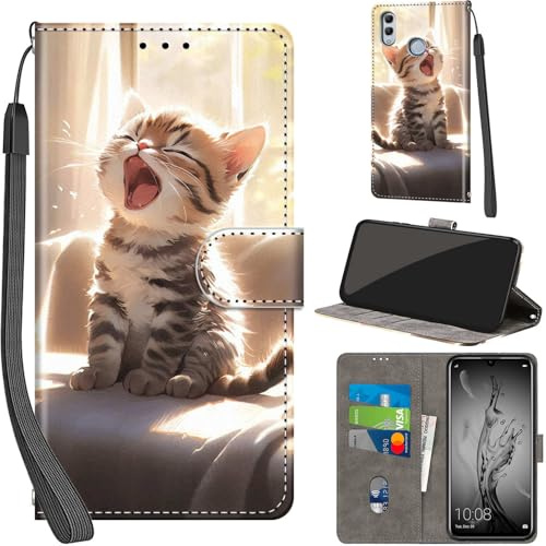 PHINIENLAND Handyhülle für Huawei P Smart 2019 Hülle Leder Wallet Katze | 3 Kartenfächer & 1 Geldfach, Magnetverschluss, Ständerfunktion, robuste premium PU leder klapphülle für Honor 10 Lite