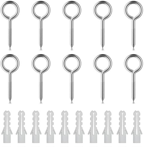 10 PCS Eye Hooks Screw Vine Eye Bolts Screw in 2.5 Inches Eyelet Screws Stainless Steel Heavy Duty Eyelet Screws Self Tapping Ring Nails Rust and Corrosion Resistant for Garden String Lights Plants