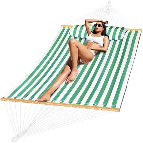 ZOLTA Hängesessel mit Kissen 200x150cm bis 200 kg - Indoor- und Outdoor Hängematte - Hängeschaukel - Garten Camping - Hängender Schaukelstuhl - Hammock für Kinder und Erwachsene - Grun-Weiss Streifen