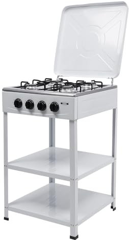 Piano cottura a gas a 4 fuochi in ghisa, colore bianco, con protezione antivento e scaffalatura – Alta efficienza per famiglia campeggio giardino