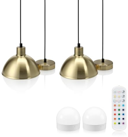 Omniance Verdi Rechargeable Pendant Lights Brass Twin Pack, 2 Light Sources | Cordless dimmable colour changing hanging lamp, 20 hour battery, USB C, for gazebo, garden room and dining
