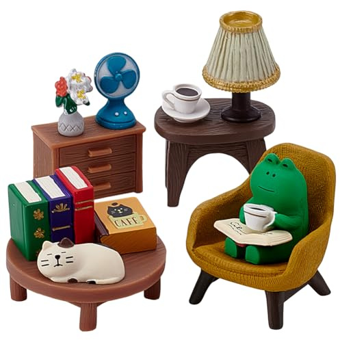 PLIGREAT Miniature Frog Figurines Statue 9 Styles Mini Desk Figurines Set Sleeping Cat Yellow Sofa Blue Fan Flower Vase Figure Garden Desktop Decor for Bedroom Office Birthday Party Home Desk Gift