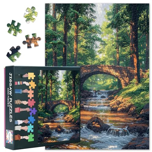 Jigsaw Puzzles 1000 Pieces for Adult, 1000 Piece Puzzle for Adults - Beautiful Stone Bridge Over a Stream in the Forest Nature Landscape, Premium Puzzle for Adults - 27.5x19.7 Inches