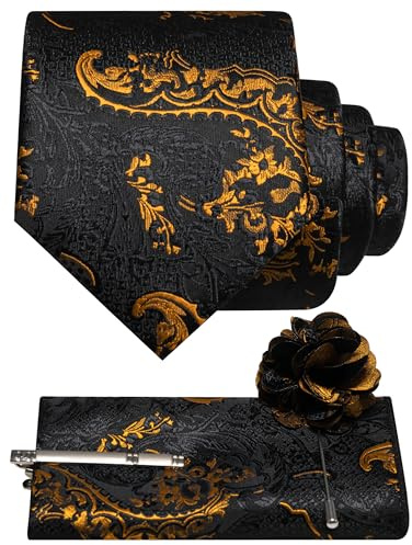 JEMYGINS Schwarz Basierte Krawatte Set Herren Einstecktuch Krawattenklammer Ansteckblume mit Barock Muster für Hochzeit Business Party Mehrfarbig