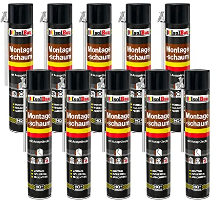 Isolbau Bauschaum B2 Montageschaum mit Aussprührohr - PU-Pistolenschaum Adapterschaum für Montage, Isolierung, Abdichtung, Innen & Außen - 10 x 750 ml