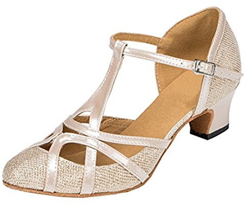 MGM-Joymod Damen T-Starp Geschlossene Zehenpartie Glitzer Synthetik Abend Hochzeit Tango Ballsaal Modern Latin Tanzschuhe, Champagner-Absatz 5 cm, 37 EU