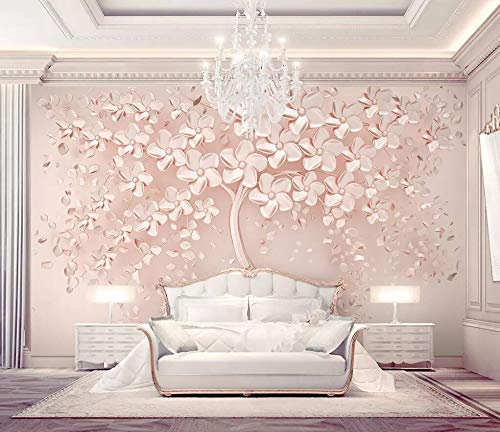 Papier Peint 3D Arbre Fleuri Rose Doré En Relief Moderne Intissé Décoration Murale
