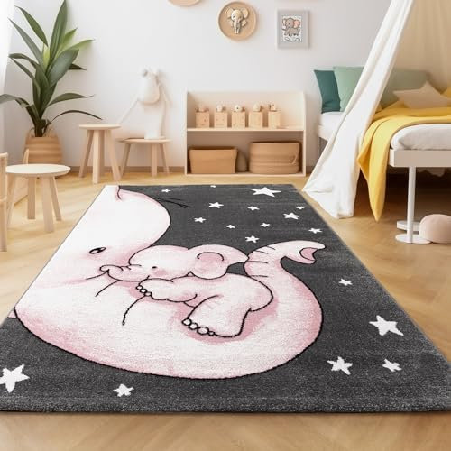 SIMPEX Teppich Kinderzimmer Elefant Design Kurzflor Kinderteppich mädchen Spielteppich Modern Design Babyzimmer Teppiche für Junge und Mädchen Extra Weich und Antiallergen Pink 120 x 170 cm