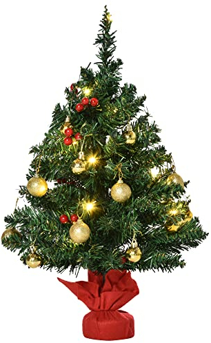 HOMCOM Weihnachtsbaum Klein, Mini Christbaum mit Stechpalmenbeeren, 15 LED-Lichtern und Kugeln, Künstlicher Baum für Tisch, Grün, Kunststoff Ø40 x 60 cm