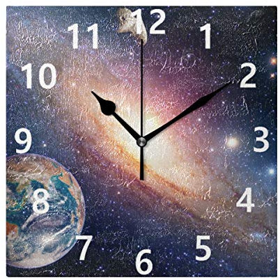 Rootti Art quadratische Uhr mit Galaxie-Erde-Muster, geräuschlos, nicht tickend, 20 cm, Wanduhr, Dekoration für Zuhause, Schlafzimmer, Wohnzimmer, Badezimmer, Küche, Büro, Lounge, Dekor