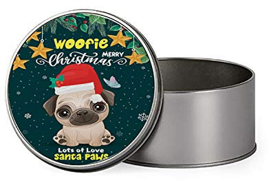Personalised Pug inspired Merry Christmas ANY NAME Dog Lover Funny Gift Present Idea Portable Metal Tin Storage Box Biscuit Chocolate Tin Emergency Stuff Tin Birthday Gift. (Round)