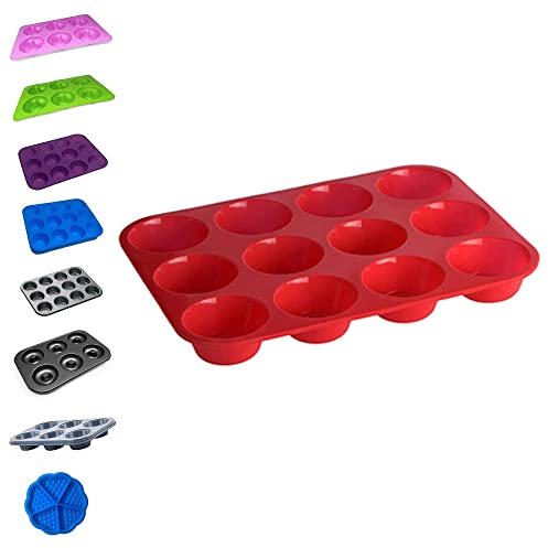 plastific 12 Large Silicone Muffin Yorkshire Pudding Mould Cupcake Baking Bakeware Tray (Red)