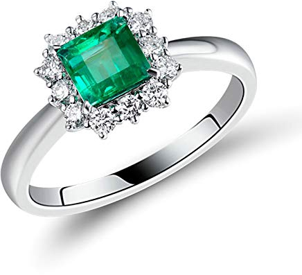 Beydodo Anillos Mujer Compromiso,Anillos de Oro Blanco Mujer 18 K Plata Verde Rectángulo Esmeralda Verde 0.6ct Diamante 0.2ct Talla 15(Circuferencia 54MM)