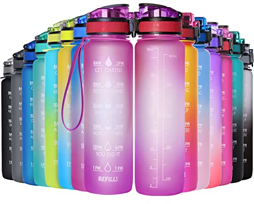 GeeRic Bottiglia Acqua 1 Litro, 1000ML Borraccia Sportiva Portatile Bottiglia Sportiva Scala/Cannuccia/Indicatore di Tempo Prova di Perdite Borraccia Bici 1L per Palestra,Scuola,Ciclismo Rosa Chiaro