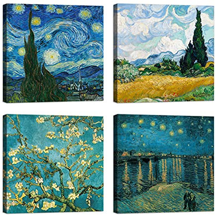 LuxHomeDecor Quadri Vincent van Gogh 4 pezzi 30x30 cm Stampa su Tela con Telaio in Legno Arredamento Arte Arredo