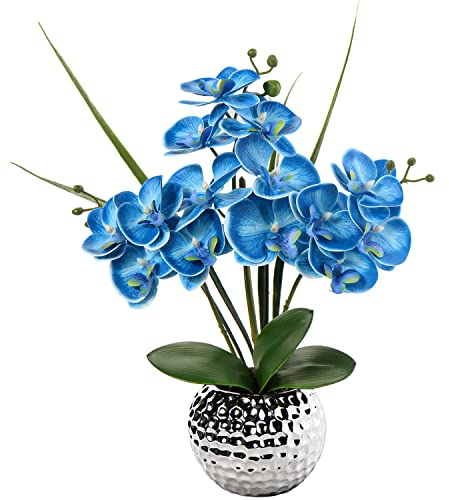 Kunstblumen Orchidee Künstliche Kunstpflanze Phalaenopsis Blau Blumen Deko Höhe 49 cm, Fest verankert im Keramiktopf