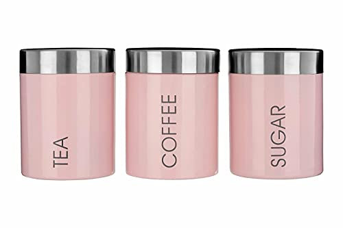 Kabalo Pink Set of 3 Tea Coffee & Sugar Canisters Kitchen Storage Containers Jars Pots (10cm x 12cm each)