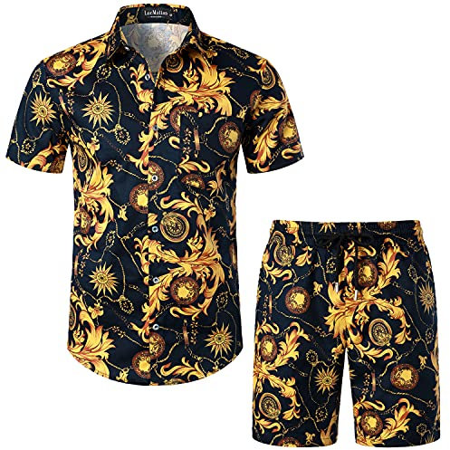 LucMatton Herren 2 Stück Blumen Outfits Hipster Luxus Print Kurzarm Button Down Hemd und Shorts Set für Club Party Schwarz Gold X-Large
