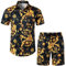LucMatton Herren 2 Stück Blumen Outfits Hipster Luxus Print Kurzarm Button Down Hemd und Shorts Set für Club Party Schwarz Gold X-Large