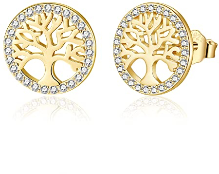 Jrêveinfini Lebensbaum Ohrringe Gold Silber 925 Stecker, Modeschmuck Ohrstecker Damen, Hypoallergene Nickelfreie Ohrringe Damen Weihnachten Geschenke für Frauen Mama Zum Muttertag