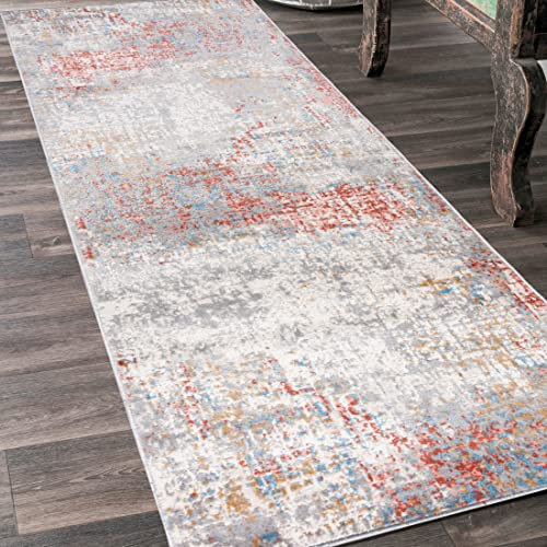 Mazovia Teppich Läufer Flur - Modern Teppichläufer – Kurzflor, Weich - für Vorzimmer Eingangsbereich Schlafzimmer Küche Korridor - Abstrakt Muster - 70 cm Breite Grau Lachsfarben 2 70 x 800 cm