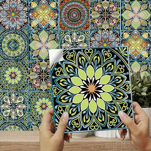 24pcs Moroccan Tile Stickers 15x15cm Bathroom Green Tile Stickers for Kitchen Bathroom Living Room Fireplace Stairs Home Waterproof Stickers for Tile Peel and Stick Tile Decals 6x6