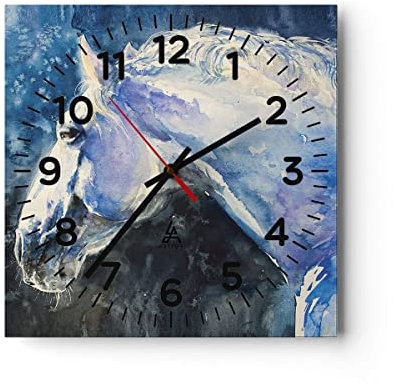 Modern Wanduhr Pferd Aquarell Porträt 40x40cm Quadrat Groß Wand Uhr Glas Analog Zimmeruhren Küche Büro Wohnzimmer Glasuhr Wall Clock Dekoration Design Wanddekoration Küchenuhr C4AC40x40-4272