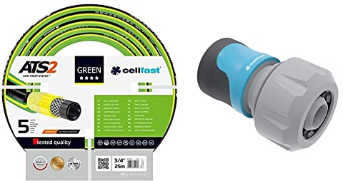 Cellfast Green ATS2 Gartenschlauch 3/4'' - 25 m & SAFETOUCH IDEAL™ 3/4 Schnellkupplung, PC/ABS-Kunststoff, 3 Klemmen, 50-637