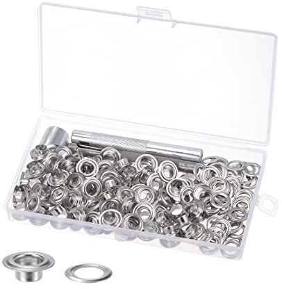 sourcing map 100 Sätze Tülle Werkzeug Kit Silberton 7mm/0,28 Zoll | Tülle Ösen, Kupfer Metall, Mit 3stk Installation werkzeuge Aufbewahrungsbox, Für Schuhe Kleidung Leder DIY