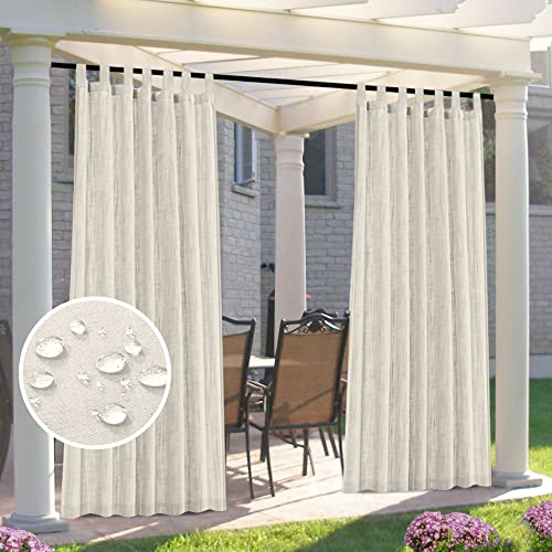 Outdoor Vorhänge Wasserdicht Dicke Leinenvorhänge Outdoor Divider Privatsphäre Hinzugefügt Lichtfilterung Porch Dekor Mit Abnehmbarem Selbstklebendem Tab-Top (132 x 241 cm,Elfenbein)