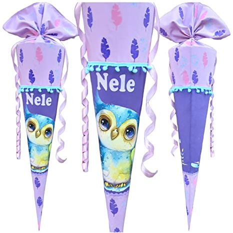 Schultüte Eule, passend zum Rainbow Feathers, für Mädchen, Wunschname, benutzerdefinierte, genähte Zuckertüte