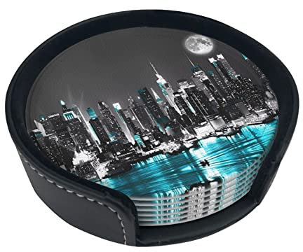 Lot de 6 sous-verres ronds en cuir New York Paintings - Fins, doux, faciles à nettoyer - 9,9 cm