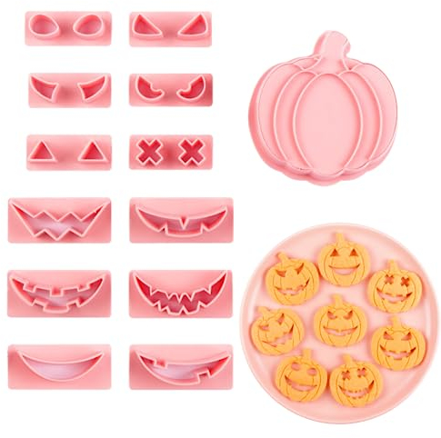 PTaizjjz Juego de cortadores de galletas de Halloween de 14 piezas de plástico 3D prensable con cabeza de calabaza para Halloween, cortadores de fondant estampados en relieve para suministros
