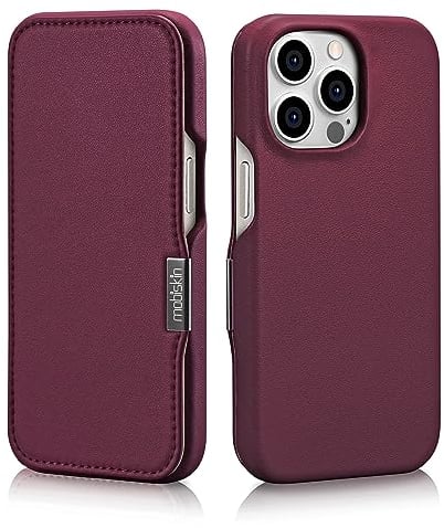 Mobiskin case for iPhone 15 PRO (6.1 inch), phone case compatible with MagSafe, cover with genuine leather, protective flip case, thin wallet, ultra-slim folio, wine-red