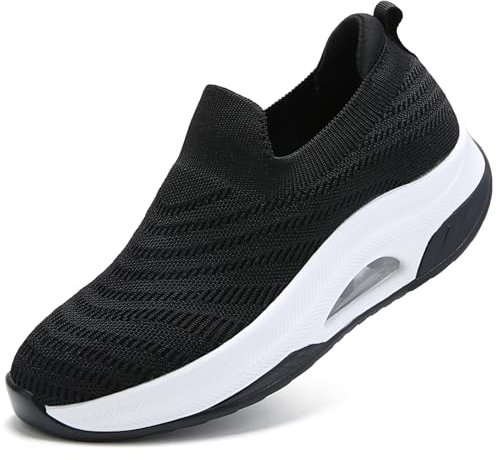 Womens Trainers Slip On Shoes Ladies Arch Support Memory Foam Plantar Fasciitis Orthopedic Shoes Air Cushion Lightweight Breathable Mesh Platform Gym Walking Shoes Black White UK 7