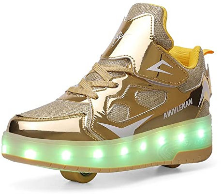 HUSKSWARE Kinder-Sneaker, 2-Rad-Skateboard-Schuhe, verstellbares Farbwechsellicht, USB-Aufladung, universell für Jungen und Mädchen,Gold 30 EU